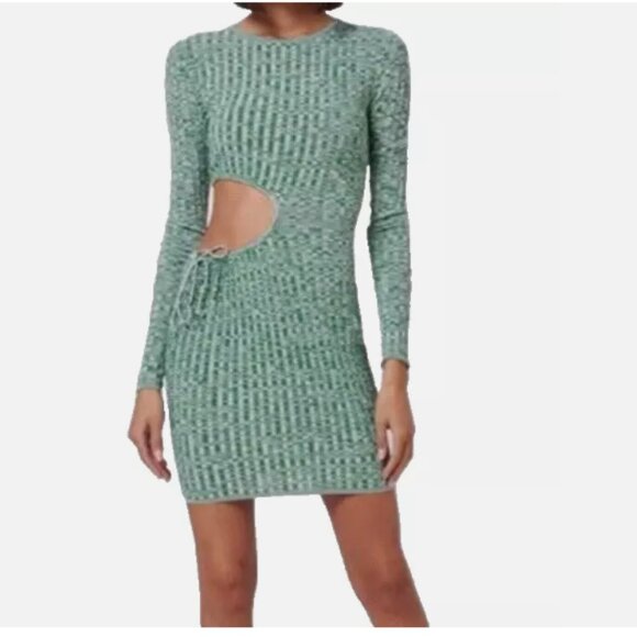 Aya Muse Cut Out Waist Long Sleeve Ribbed Mini Dress Heather Green Size S/2-4 - Picture 2 of 9